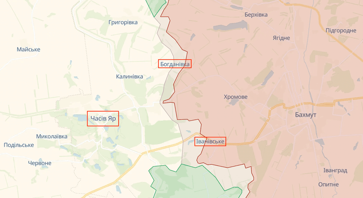 Часів Яр, Богданівка, Іванівське, Часів Яр карта, Часів Яр карта бойових дій сьогодні, карта Донецької області