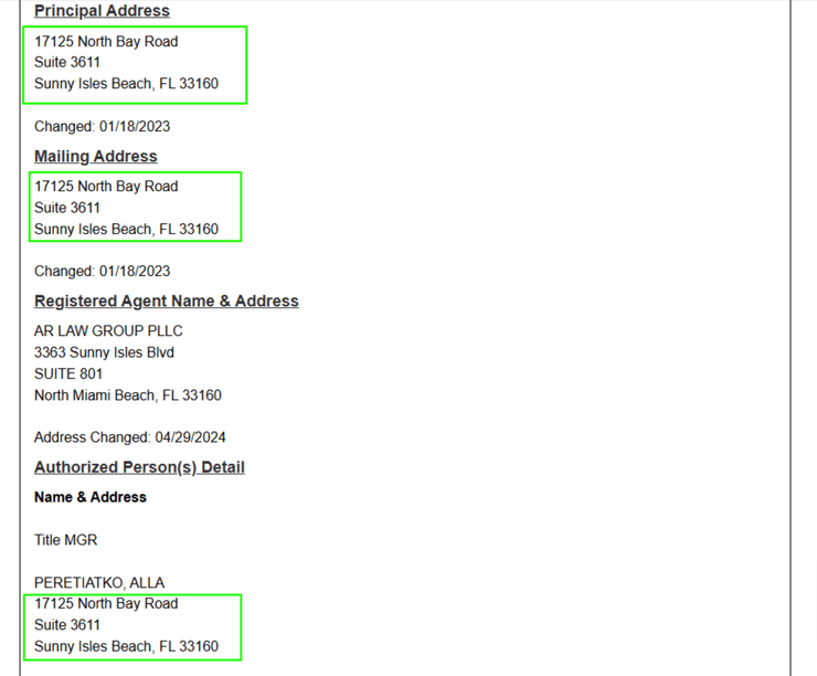 Скриншот из реестра юридических лиц штата Флорида, США