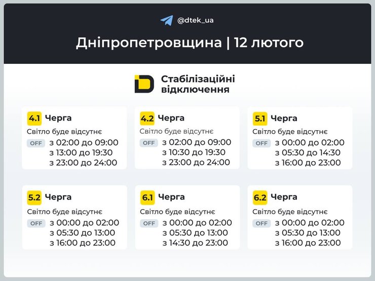 ДТЕК графіки 12 лютого Дніпропетровська область