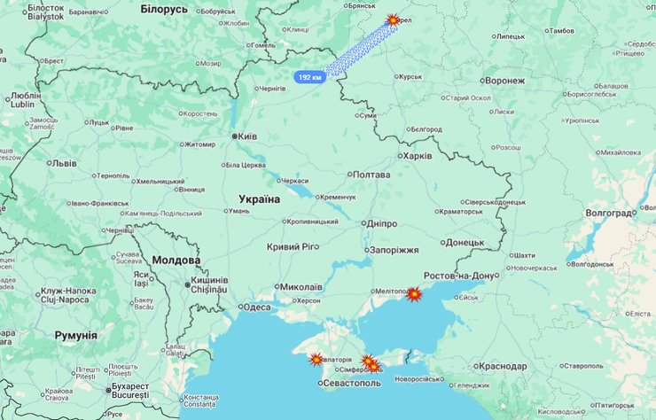 Google maps з точками ударів засобів ураження ЗСУ 12-13 листопада