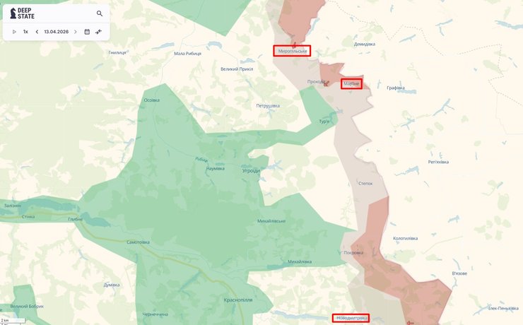 карта просування ЗС РФ в Сумській області біля Миропільського, Мар'їного, Новодмитрівки, 14 квітня, DeepState
