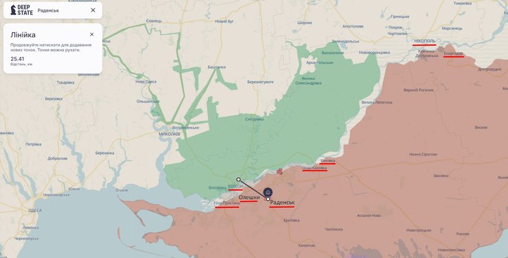 карта з ситуацією на Придніпровському відтинкуку фронту біля Олешок 28 жовтня