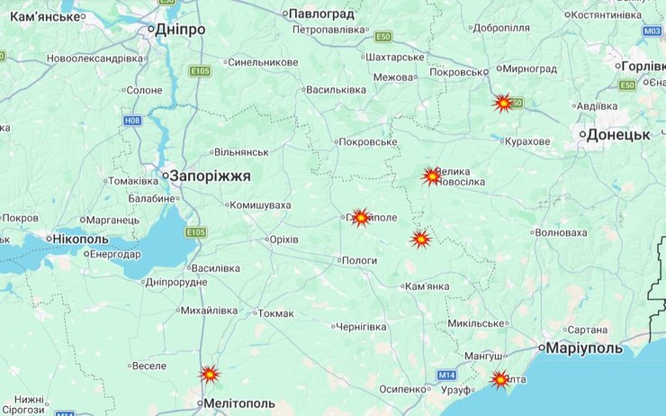 Карта влучань дронів FP-2 бійців ССО ЗСУ 9-14 лютого