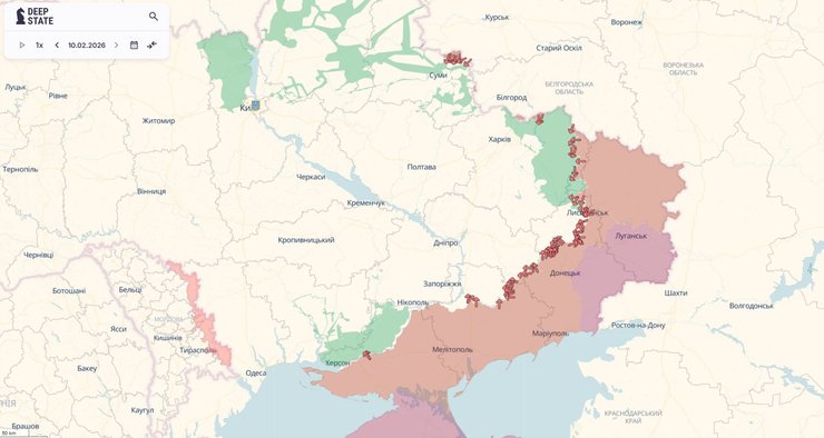 Карта з ділянками найбільшої активності ЗС РФ, 10 лютого