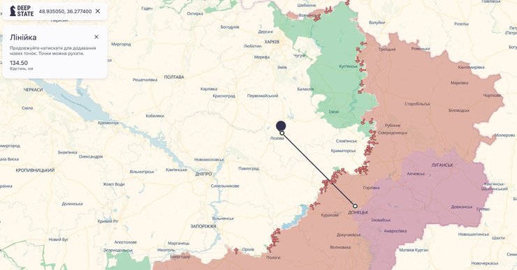 карта с точкой падения ракеты "Шахед" на пригородном поезде "Лозовая—Харьков" 23 августа