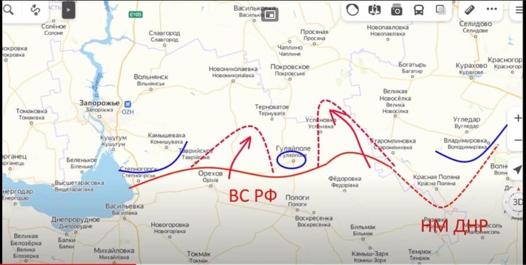 Красной линией указаны рубежи наступления войск РФ и боевиков "ДНР" в Запорожской области. Карта нарисована пророссийским "блогером"