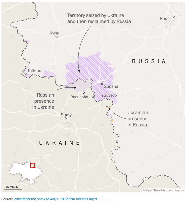 Територіальні здобутки і втрати ЗСУ в результаті Курської операції на карті бойових дій
