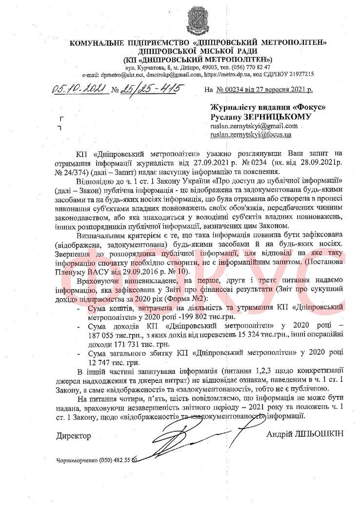 Убытки Днепровского метрополитена, доход Днепровского метрополитена