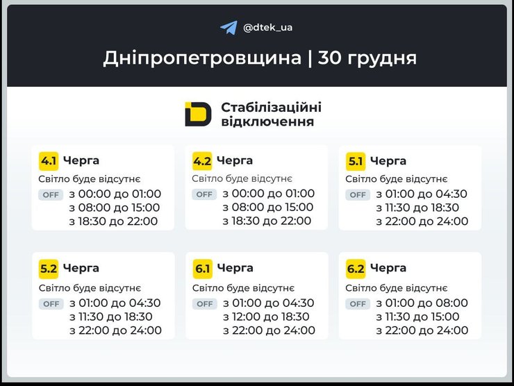 Графики отключений света в Днепропетровской области на 30 декабря