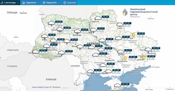 данные Укргидрометцентра о прогнозе погоды в Украине на 1 ноября 2026 года