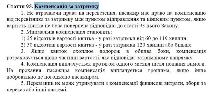 скрин статьи 95 законопроекта 16019 о компенсациях за задержку поездов