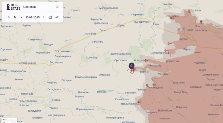 Карта DeepState о боях РФ в Сосновке 10 сентября
