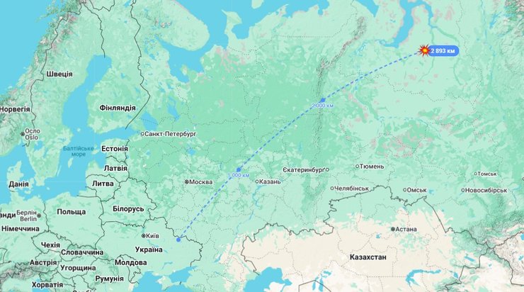 карта з відстанню до Нового Уренгоя
