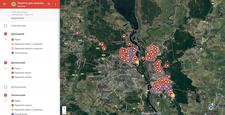Карта цивільних укриттів, призначених для захисту населення у разі НС