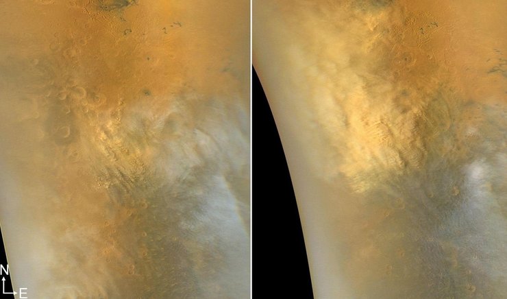 Аномальная пылевая буря на Марсе. Снимки сделаны из космоса