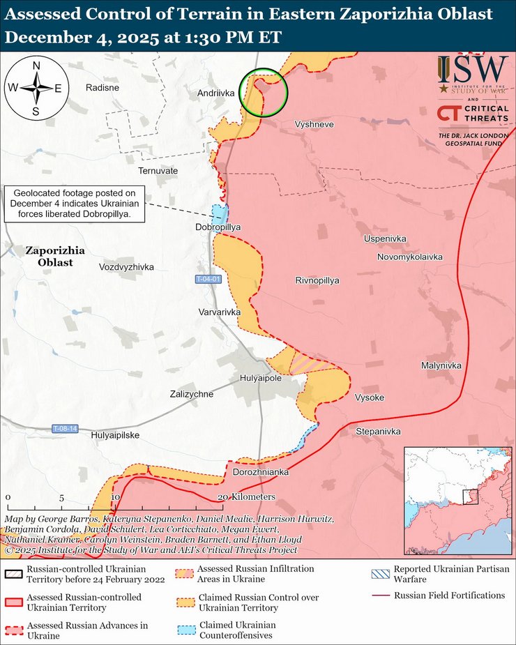 Карта лінії боїв на Гуляйпільському напрямку 4 грудня, ISW