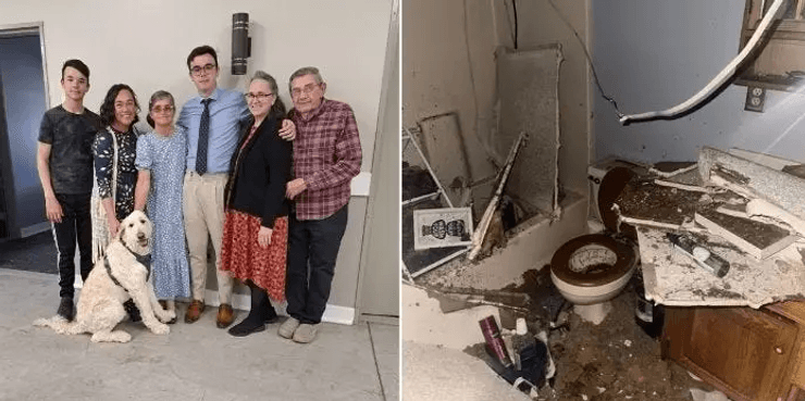 Семья, разрушенный дом, последствия торнадо, торнадо, Индиана, дом, ванная