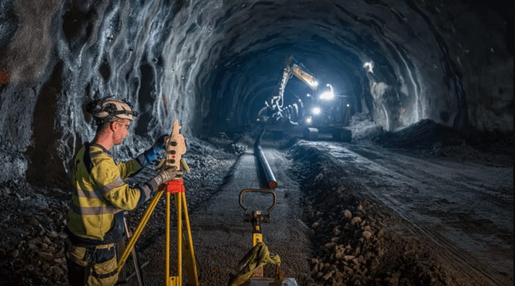 Инженеры и строительная техника внутри подводного автомобильного туннеля Rogfast в Норвегии