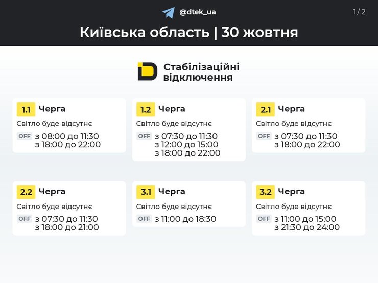 Київська область відключення 30 жовтня графіки відключень ДТЕК на 30 жовтня