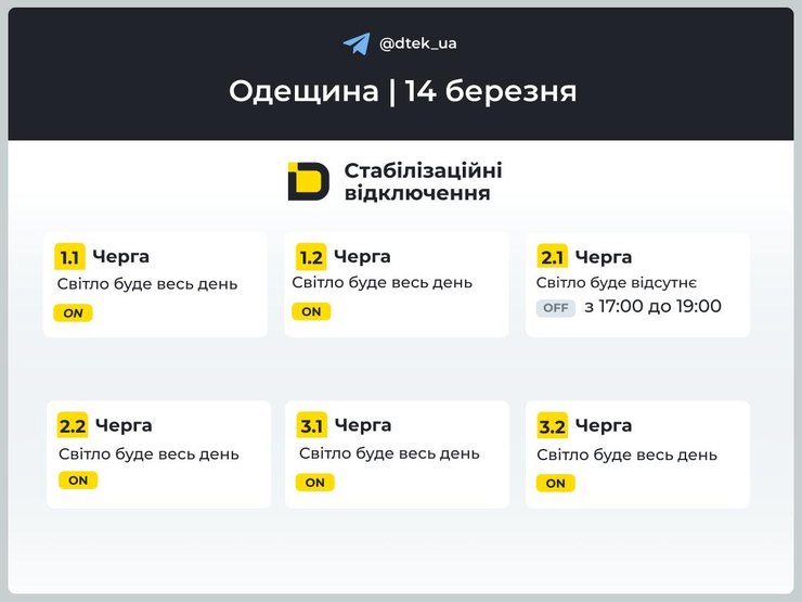 График отключения света для 1-3 очередей в Одесской области на 14 марта