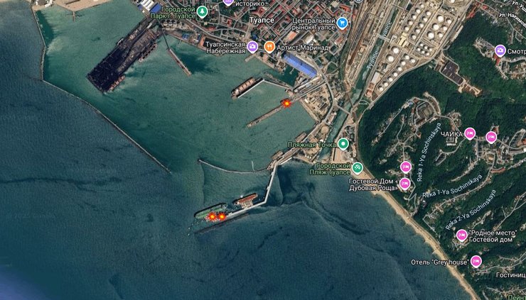 Карта з позначеними точками влучань у Туапсе