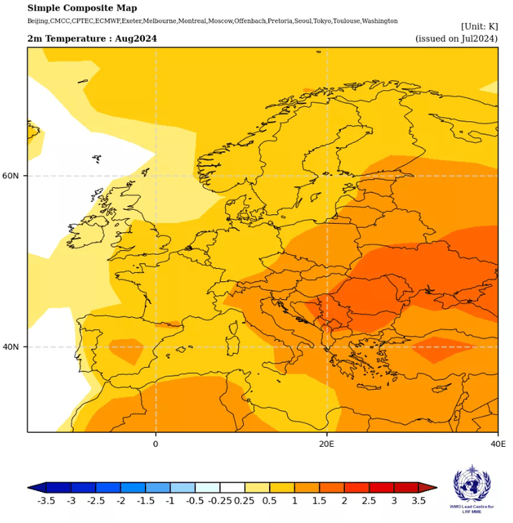 Аномалии температуры воздуха на август 2024 года в Европе