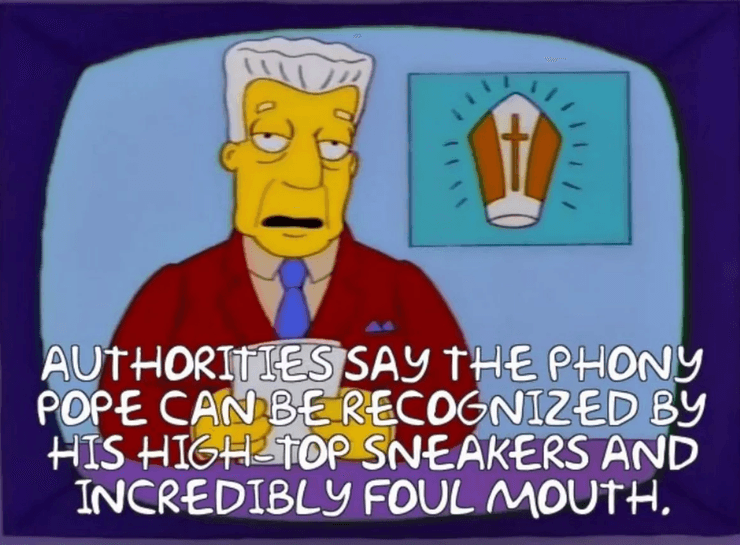 Кадр из Симпсонов с новостным ведущим, рассказывающим о фальшивом Папе Римском
