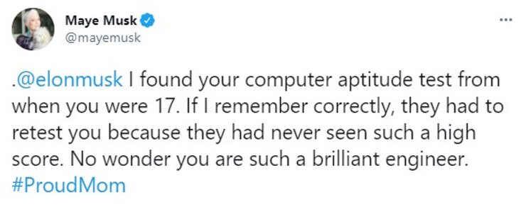 Мей Маск, твіт, Ілон Маск