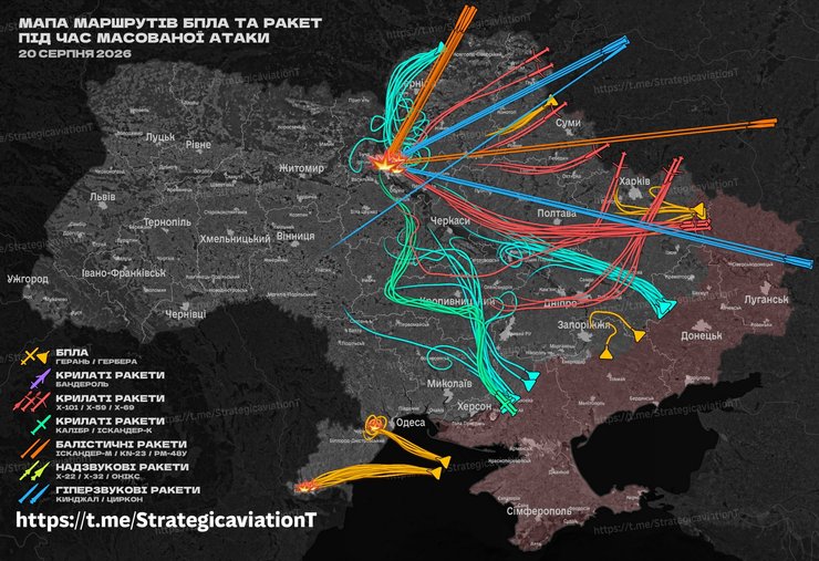 інфографіка з траєкторією ракет та дронів РФ 20 серпня