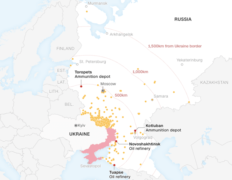 Карта ударів по території РФ