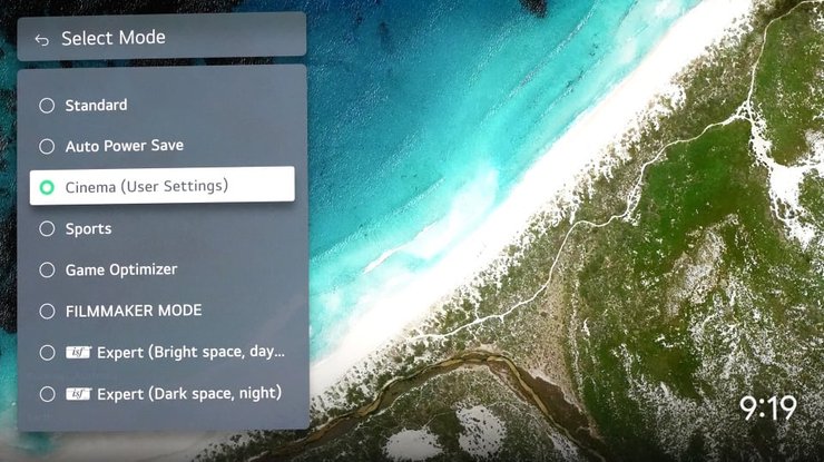 Вибір режиму в webOS на телевізорі LG