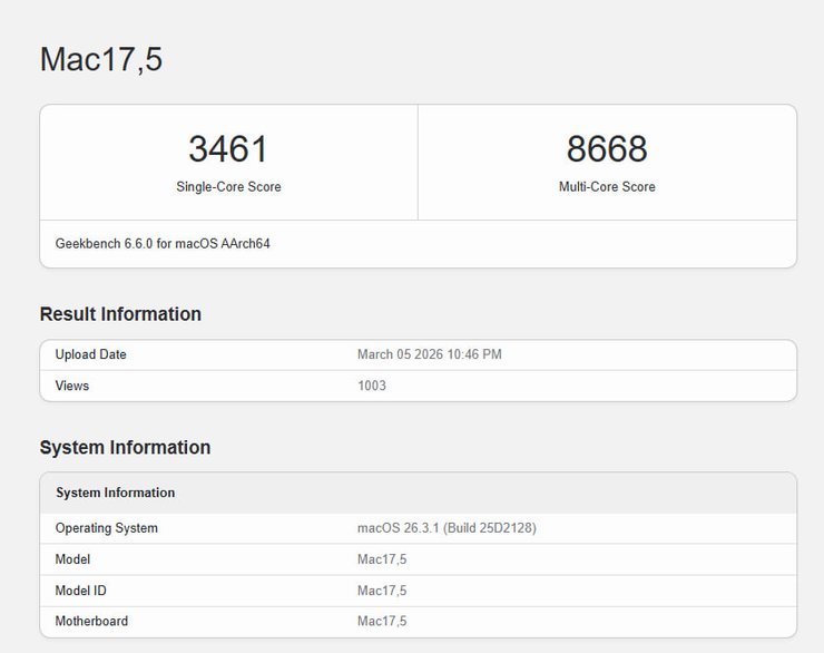 Продуктивність MacBook Neo на Geekbench