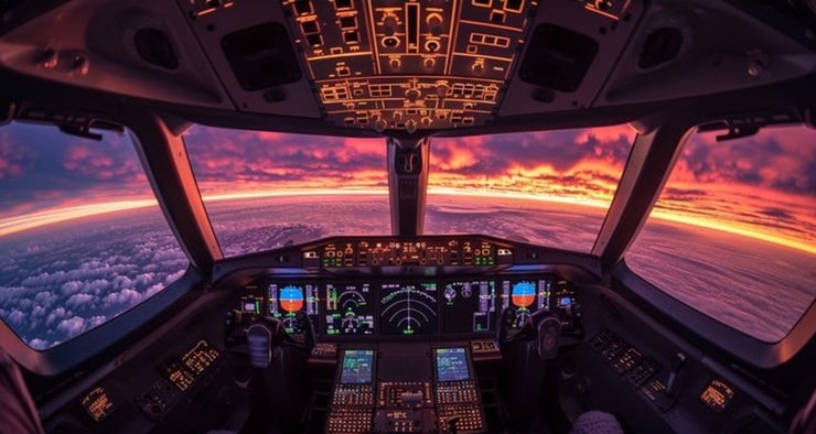 Панель управління авіалайнера і вид на небо через лобове скло кабіни пілотів