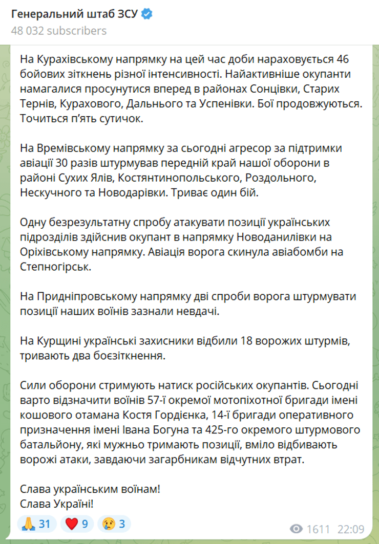 Генеральный штаб ВСУ, Генштаб, сводка, Кураховское направление, наступление РФ на Донбассе