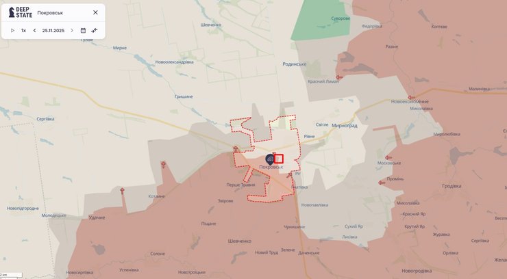 Карта боев в Покровске по состоянию на 25 ноября, DeepState