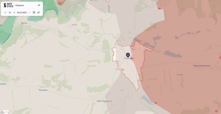 Карта фронта в Северске по состоянию на 8 декабря, DeepState