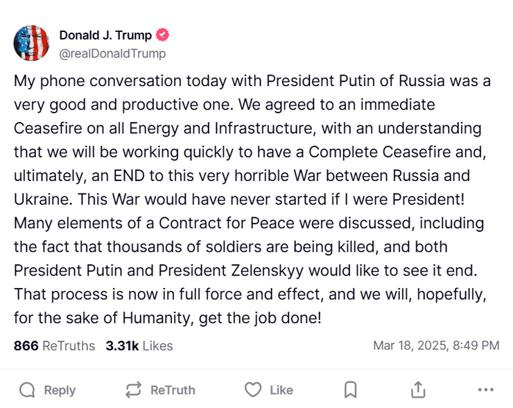 розмова Трампа і Путіна, Трамп прокоментував розмову, Трамп поговорив з Путіним, про що говорили Трамп і Путін