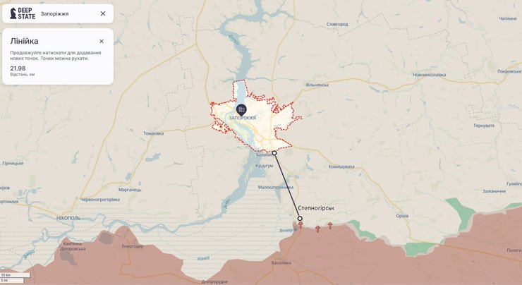 Карта показывает линию фронта на 21 км от Запорожья