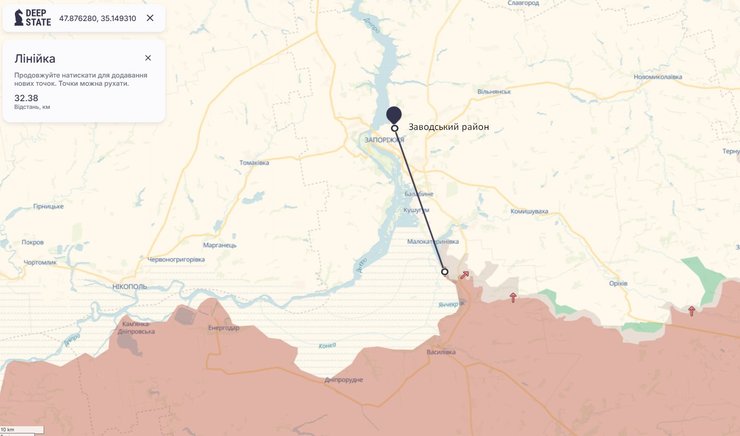 Карта з відстанню від удару ЗС РФ по притулку до лінії боїв під Запоріжжям 6 лютого