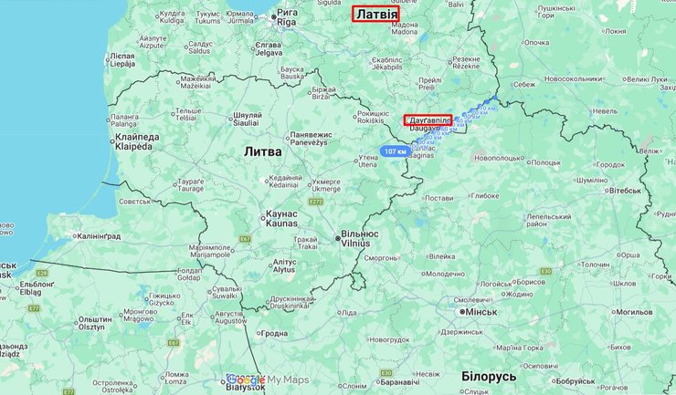 скрин карти з кордоном Латвії та Білорусі