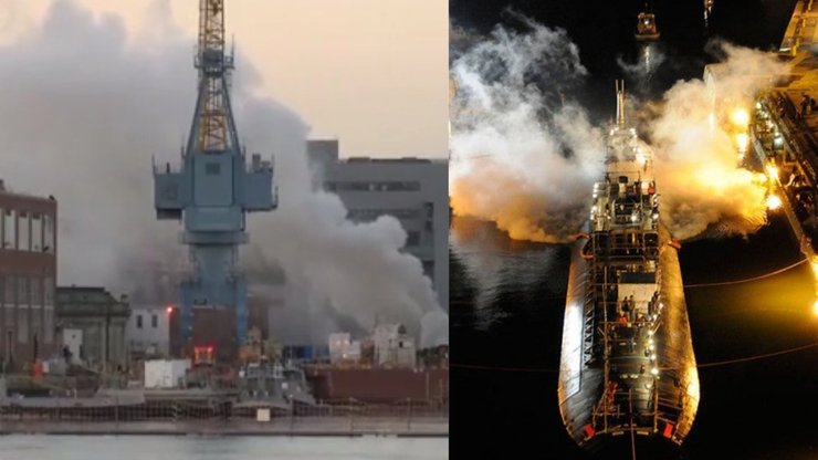 Верф, підводний човен, субмарина, пожежа, док,