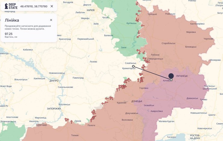 Какое расстояние от фронта до где расположен Алчевский металлургический комбинат