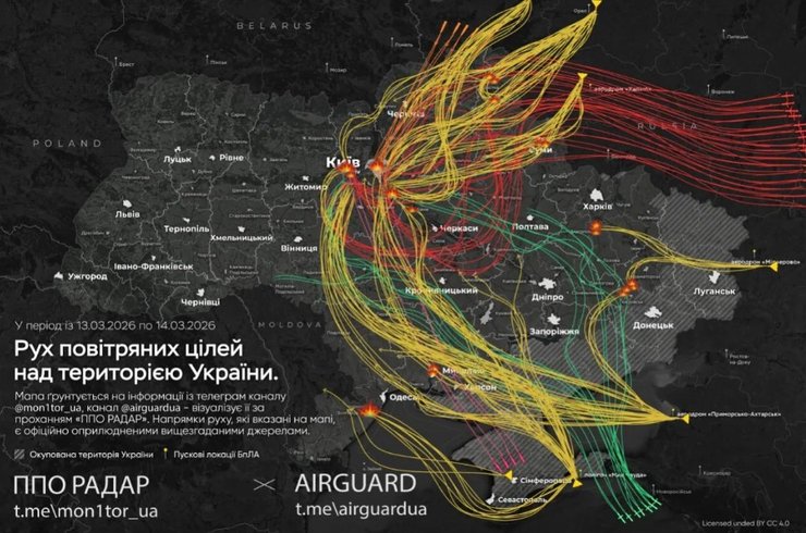 Інфографіка з траєкторіяєю ракет та дронів ЗС РФ 14 березня