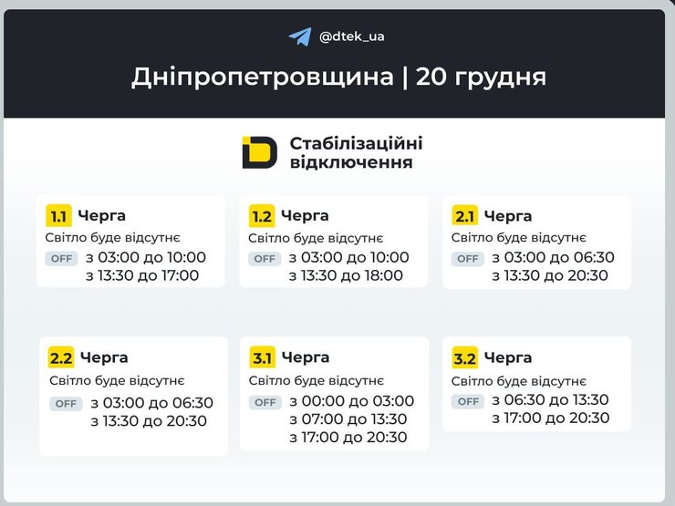 Графіки відключень світла в Дніпропетровській області на 20 грудня