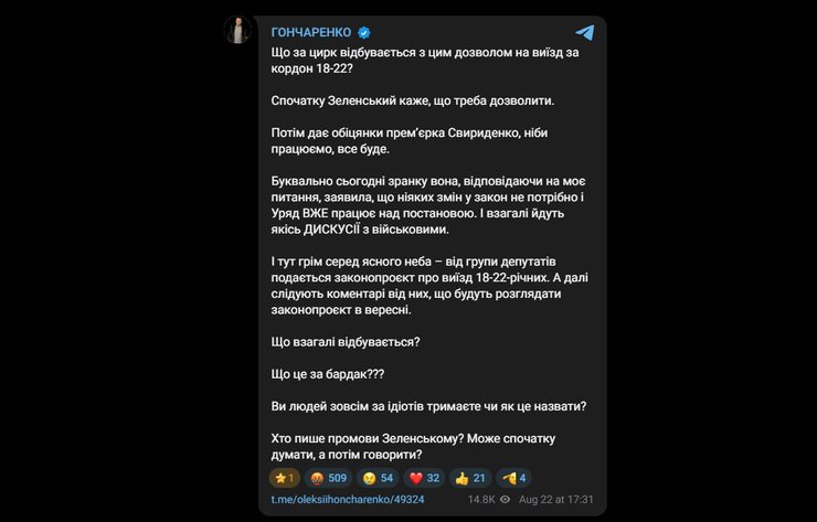 Публікація Олексія Гончаренка в Telegram