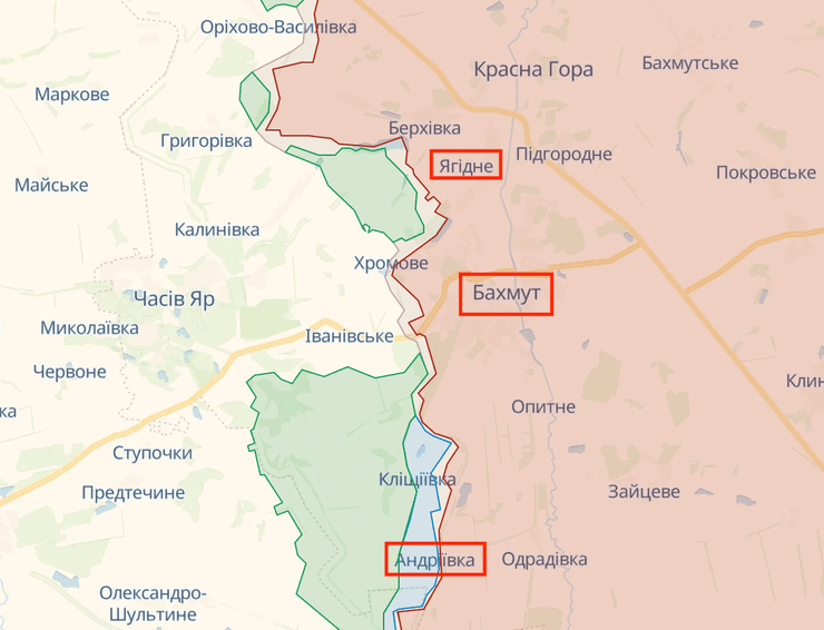 Ягодное, Андреевка, Бахмут, карта боевых действий