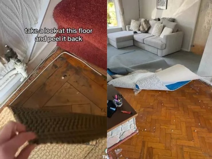 Женщина нашла нечто дорогое под ковром, удивительная находка, журналистка, ремонт в доме, паркет, пол, паркетное покрытие, соцсети