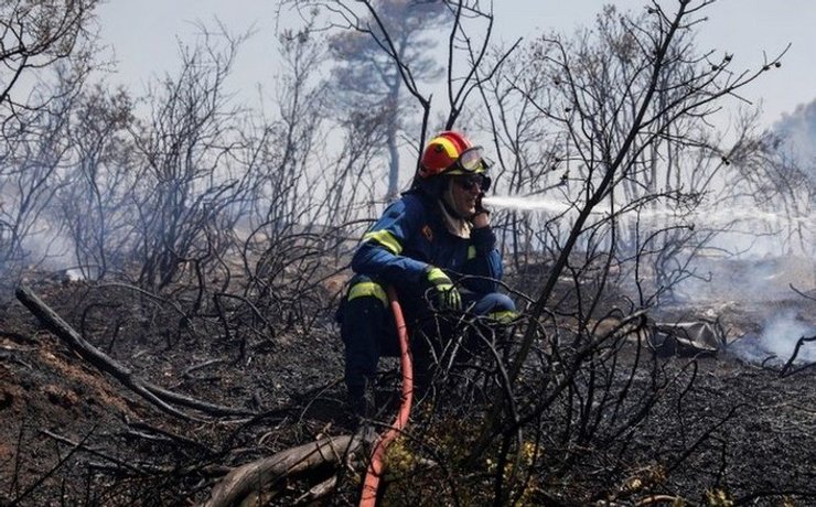 Пожарник тушит лесной пожар