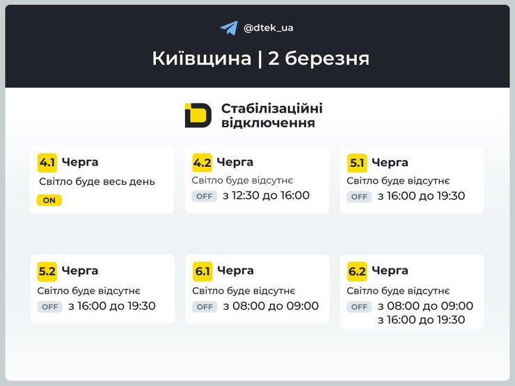 Киевщина графики ДТЭК 2 марта Киевская область графики света 2 марта