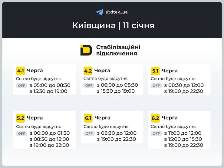 Графики почасовых отключений в Киевской области на 11 января